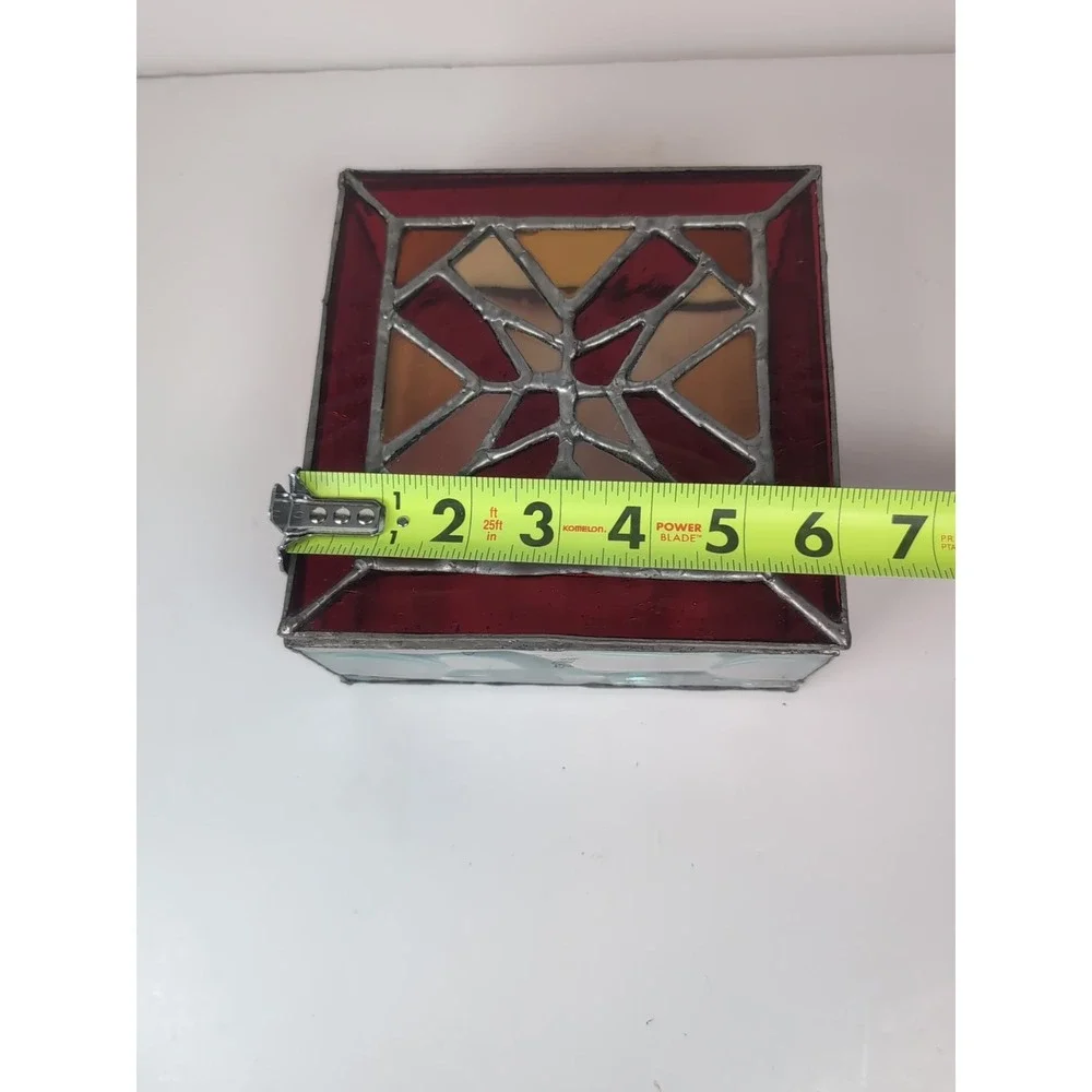 Stained Glass Trinket Box W/Top Red/Yellow Handmade Vintage Jewelry Cosmic 6X6x3